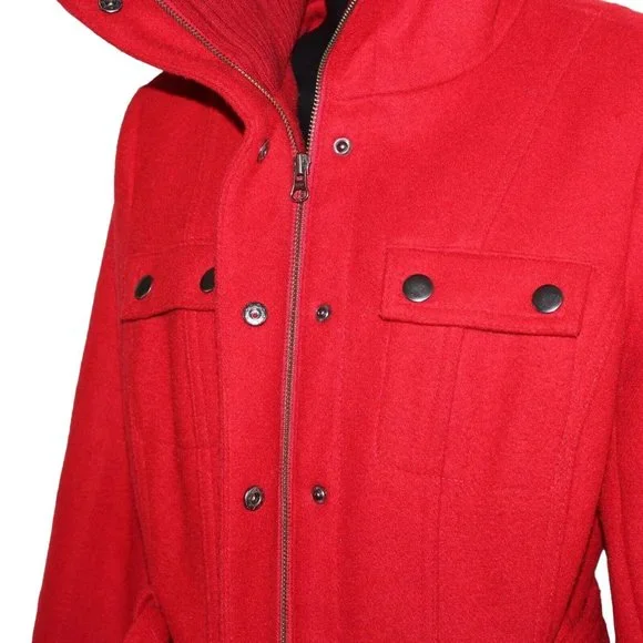 La Redoute US 6 UK 10 Red Belted Wool Blend Full Zip Snaps Knit Collar Coat - Picture 8 of 11